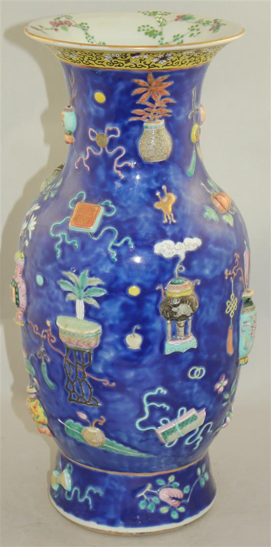 A large Chinese blue glazed baluster vase, late 19th century, 46.5cm, damaged